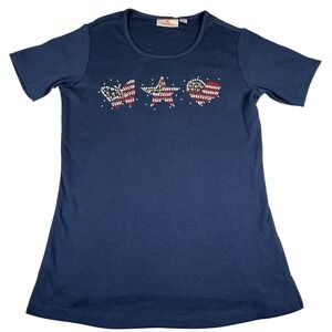 Quacker Factory USA Flag Rhinestone Tee Blue Patriotic XXS July 4